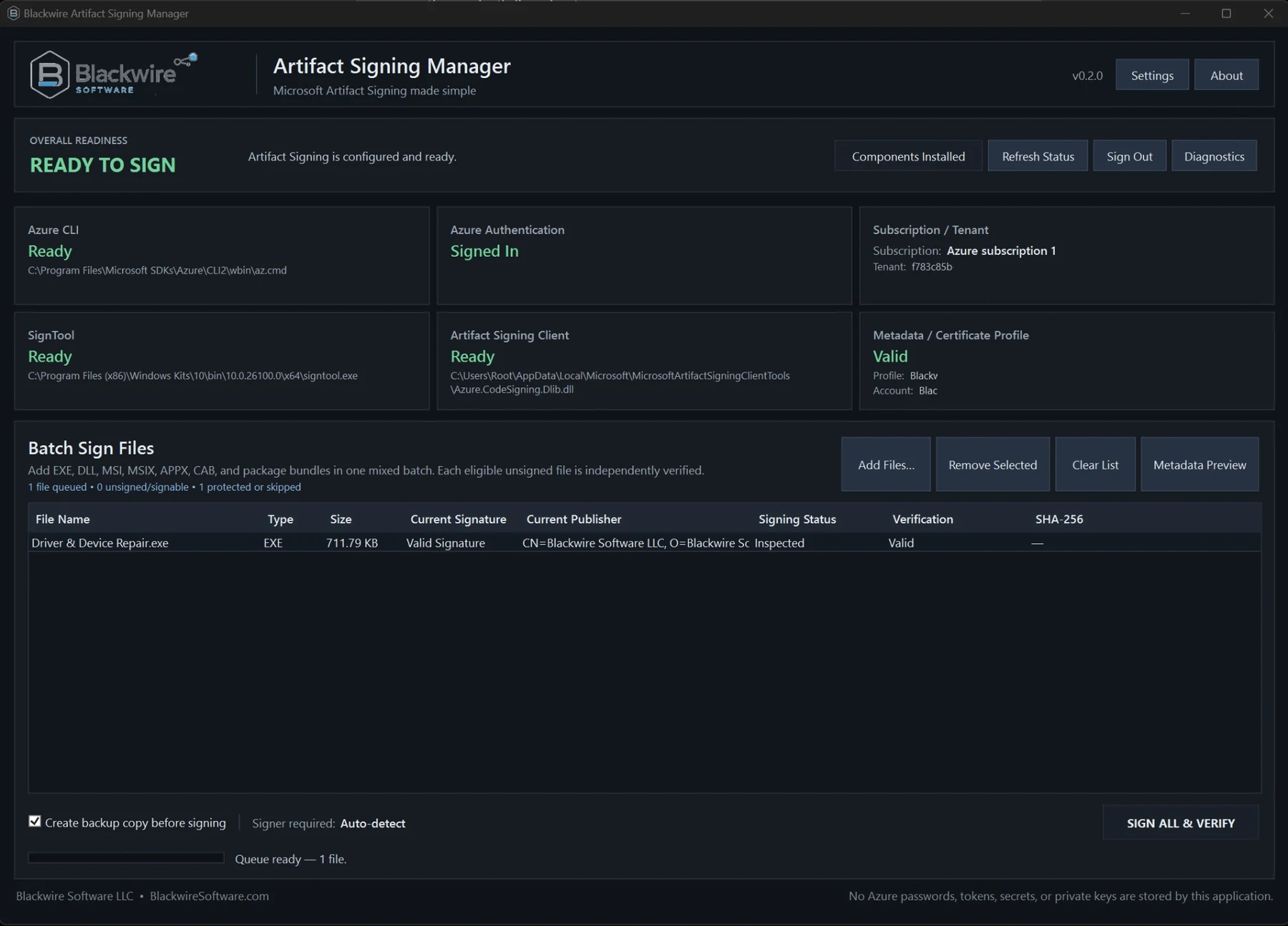 Blackwire Artifact Signing Manager development dashboard with signing readiness and verification controls