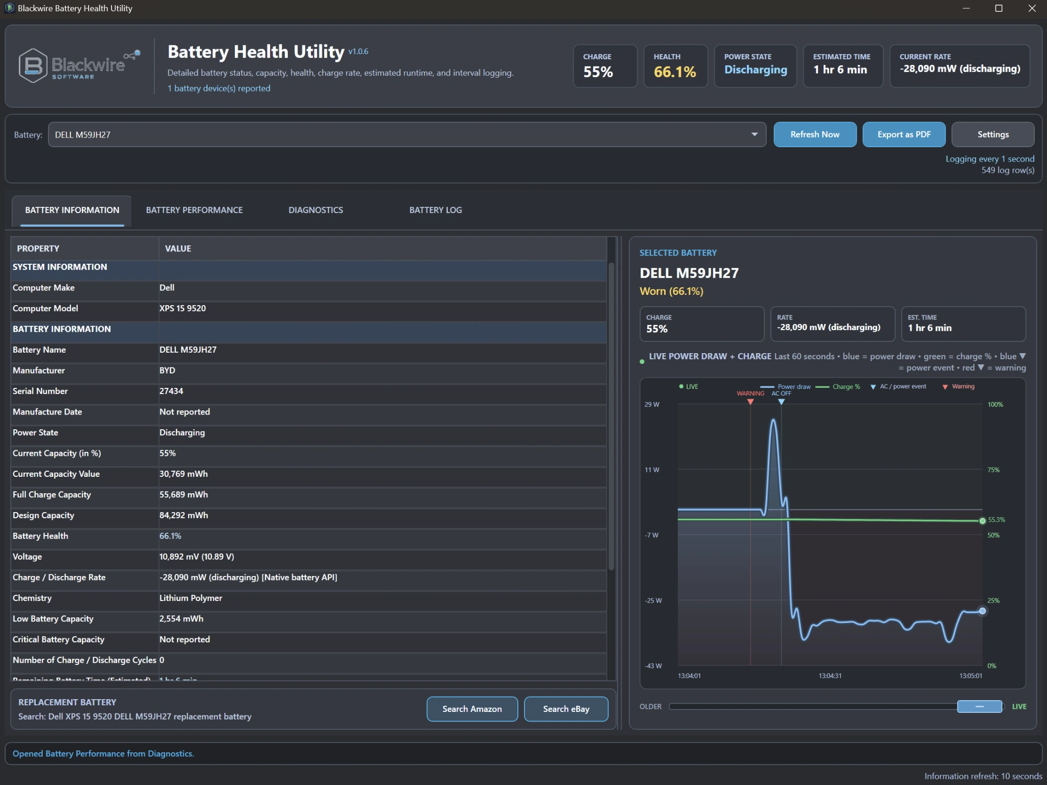 Blackwire Battery Health Utility Battery Information page