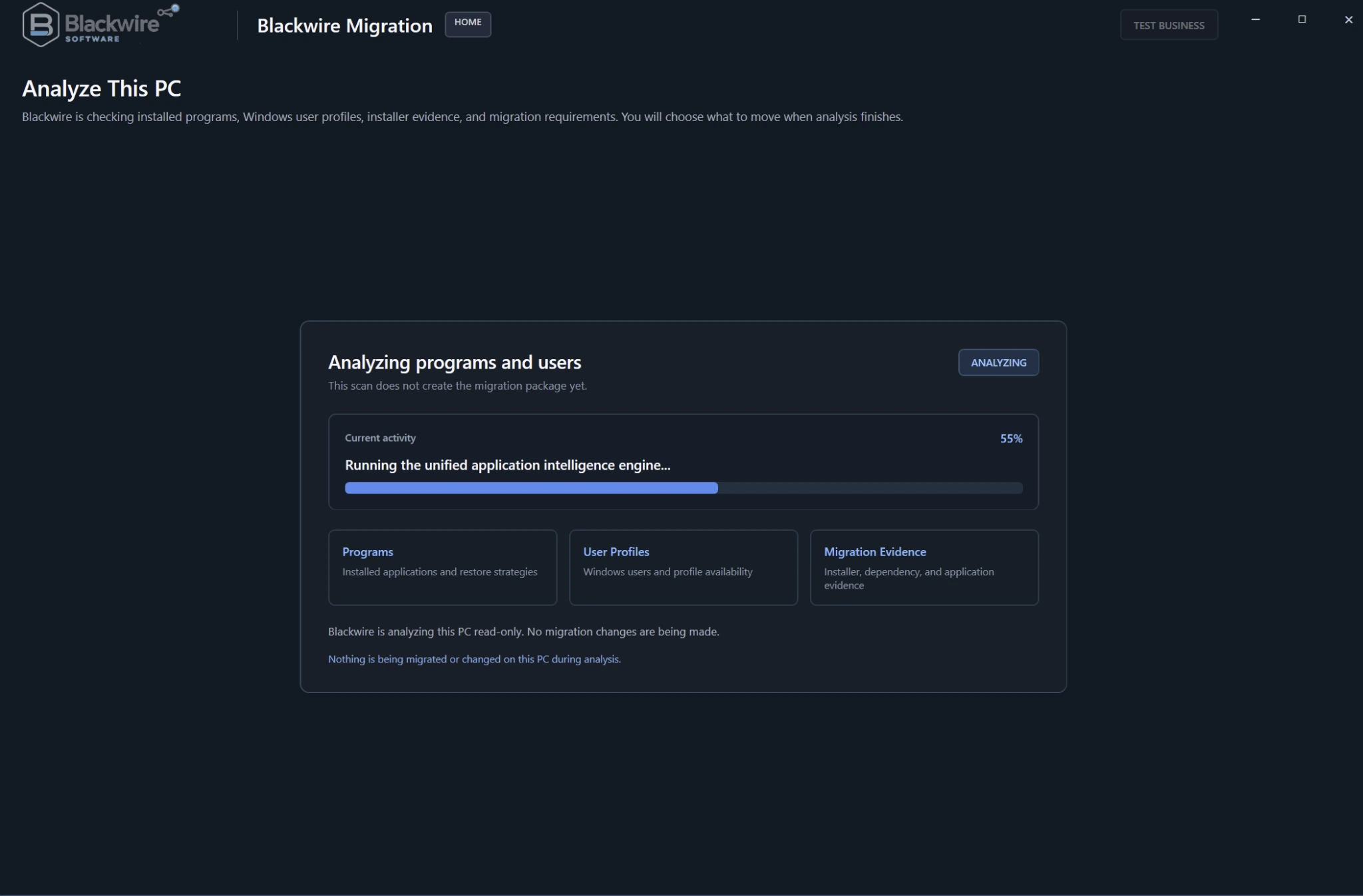 Blackwire Migration analysis progress screen showing programs, user profiles, and migration evidence checks