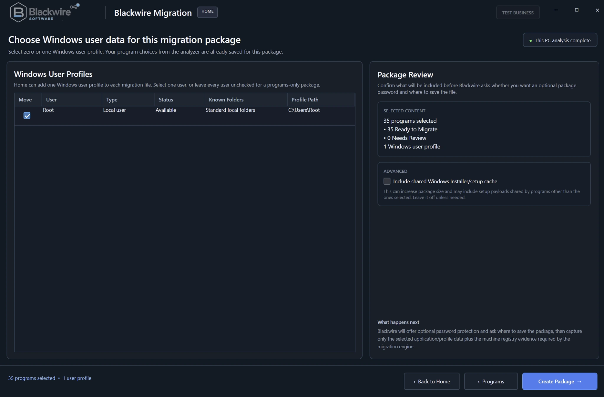 Blackwire Migration Windows user profile selection and package review development screen