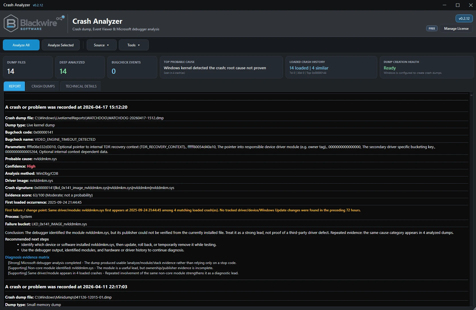 Blackwire Crash Analyzer Free report view.