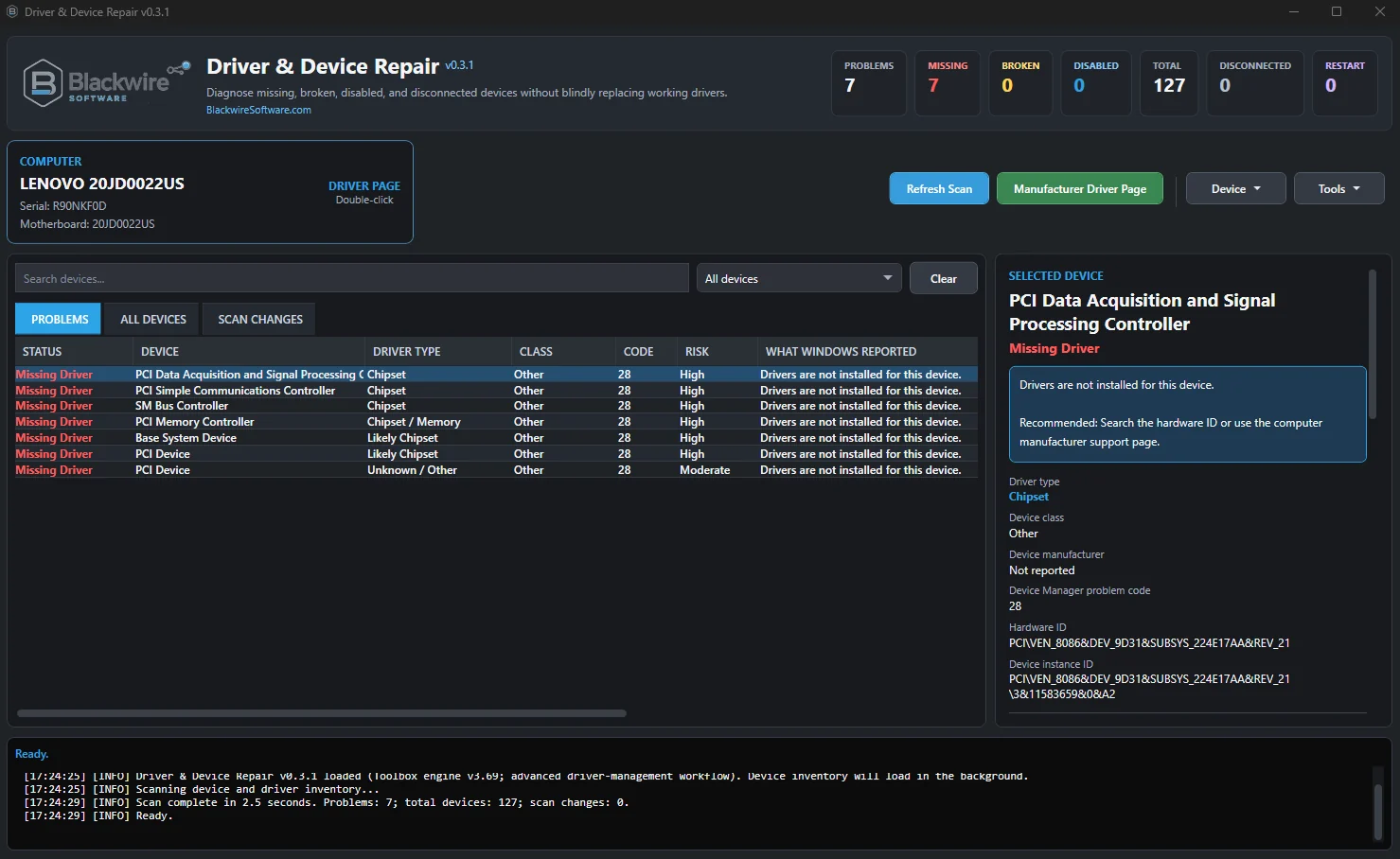 Blackwire Driver & Device Repair Problems view showing missing-driver diagnostics