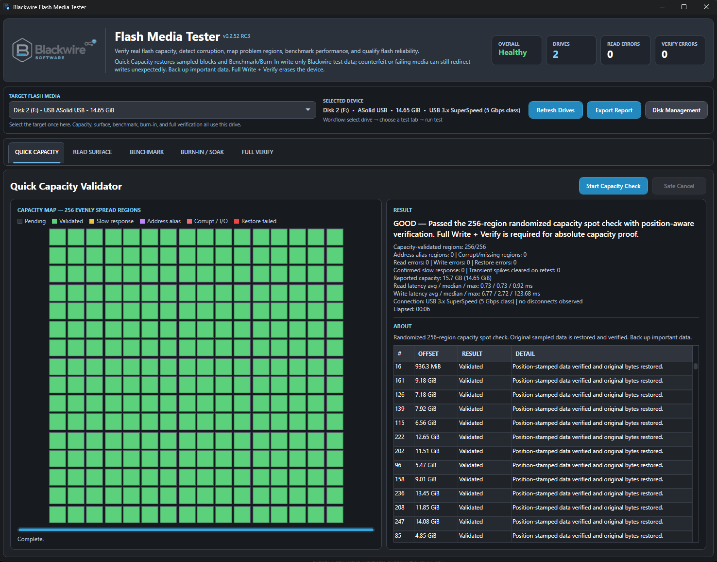 Flash Media Tester Quick Capacity view showing verified flash storage regions
