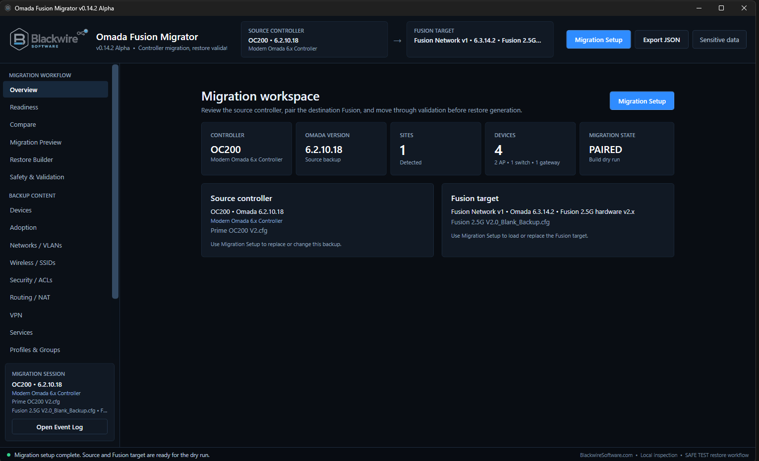 Blackwire Omada Recovery Migrator Late Alpha workspace with a controller backup loaded